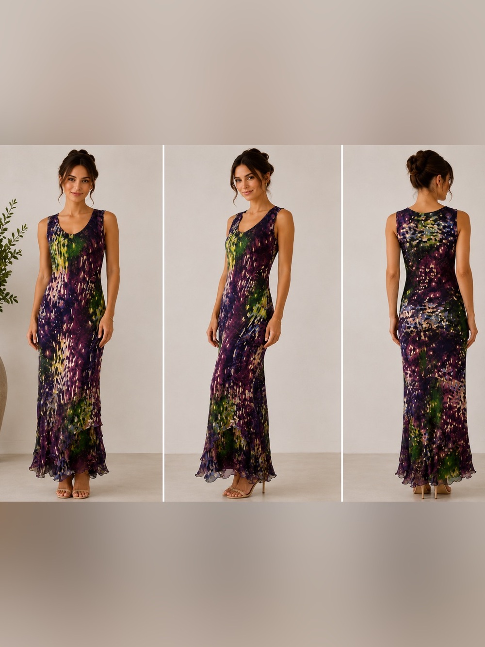 Vintage Simply Silk Purple Abstract Silk Mermaid Maxi Dress Fairycore Medium